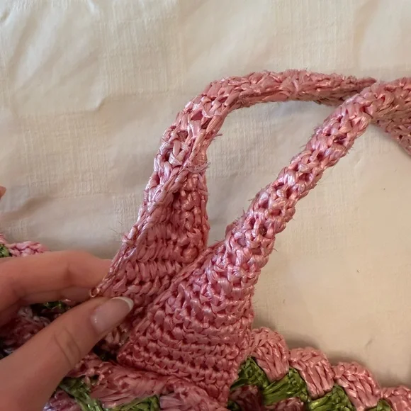 PRADA Pink & Green Woven Beach Bag - Picture 7 of 11